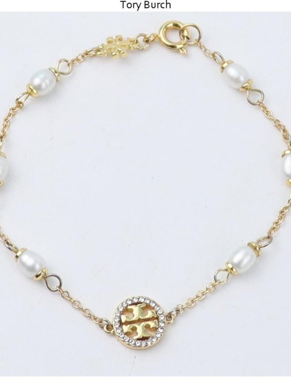 Tory Burch Gold and White Pearl Logo Chain Bracelet